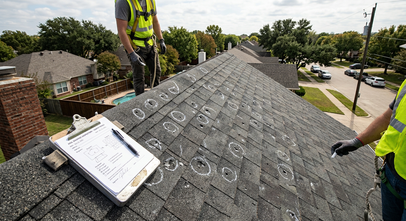 Roofing inspector documenting hail damage with chalk markings on a mid-century residential roof in the HEB area of Tarrant County Texas
