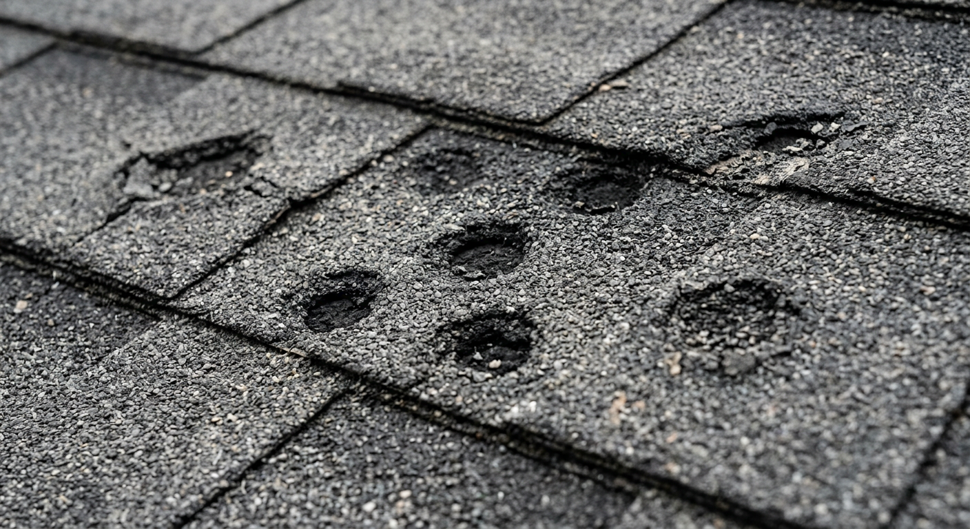 Hail impact damage on older three-tab asphalt shingles showing granule loss and circular impact marks typical of HEB area Mid-Cities homes in Tarrant County