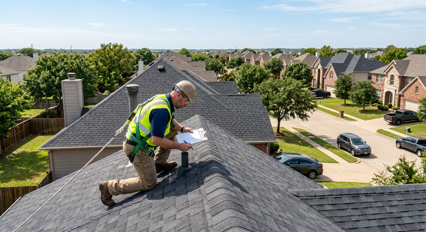 Licensed roofing inspector on a 1980s residential home in the HEB Mid-Cities area of Tarrant County Texas documenting hail damage
