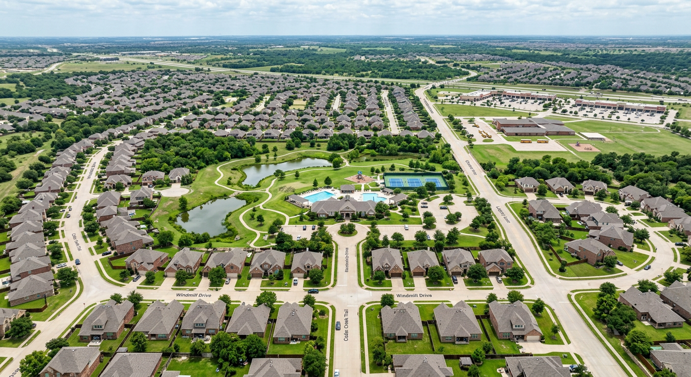 Established mid-century residential neighborhood in the HEB Mid-Cities area of Tarrant County Texas showing brick homes and mature tree canopy